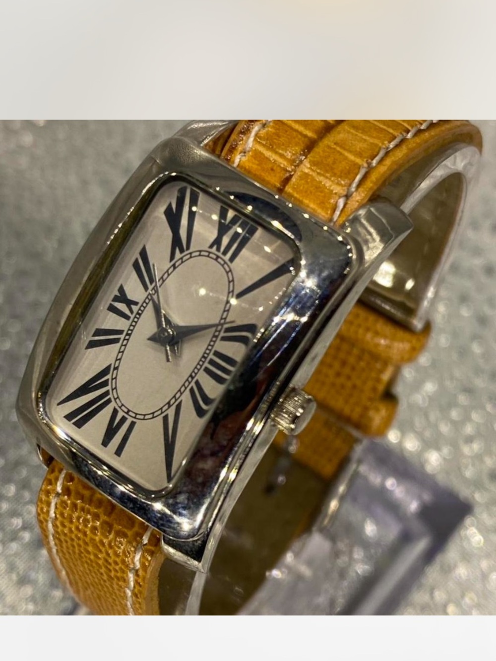 *^* Classic “ Rectangular Silver Watch / Tan Leather Strap ***